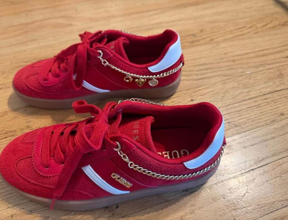 Guess Red Suede Low Top Sneakers with Gold Chain Charms